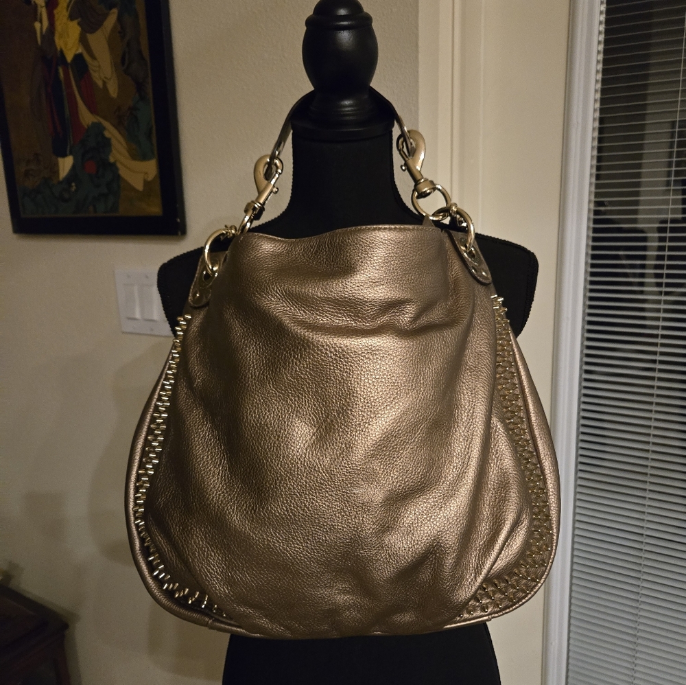 REBECCA MINKOFF Bronze Leather Studded Hobo Handbag Shoulderbag Detachabl Straps - Picture 11 of 16